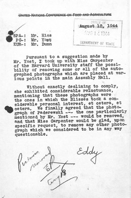 Memorandum from Donald B. Eddy, Department of State, regarding the removal of photographs, 12 August 1944