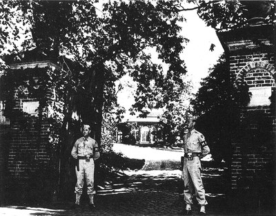 Military police guarding the main gate at Dumbarton Oaks during the Conversations