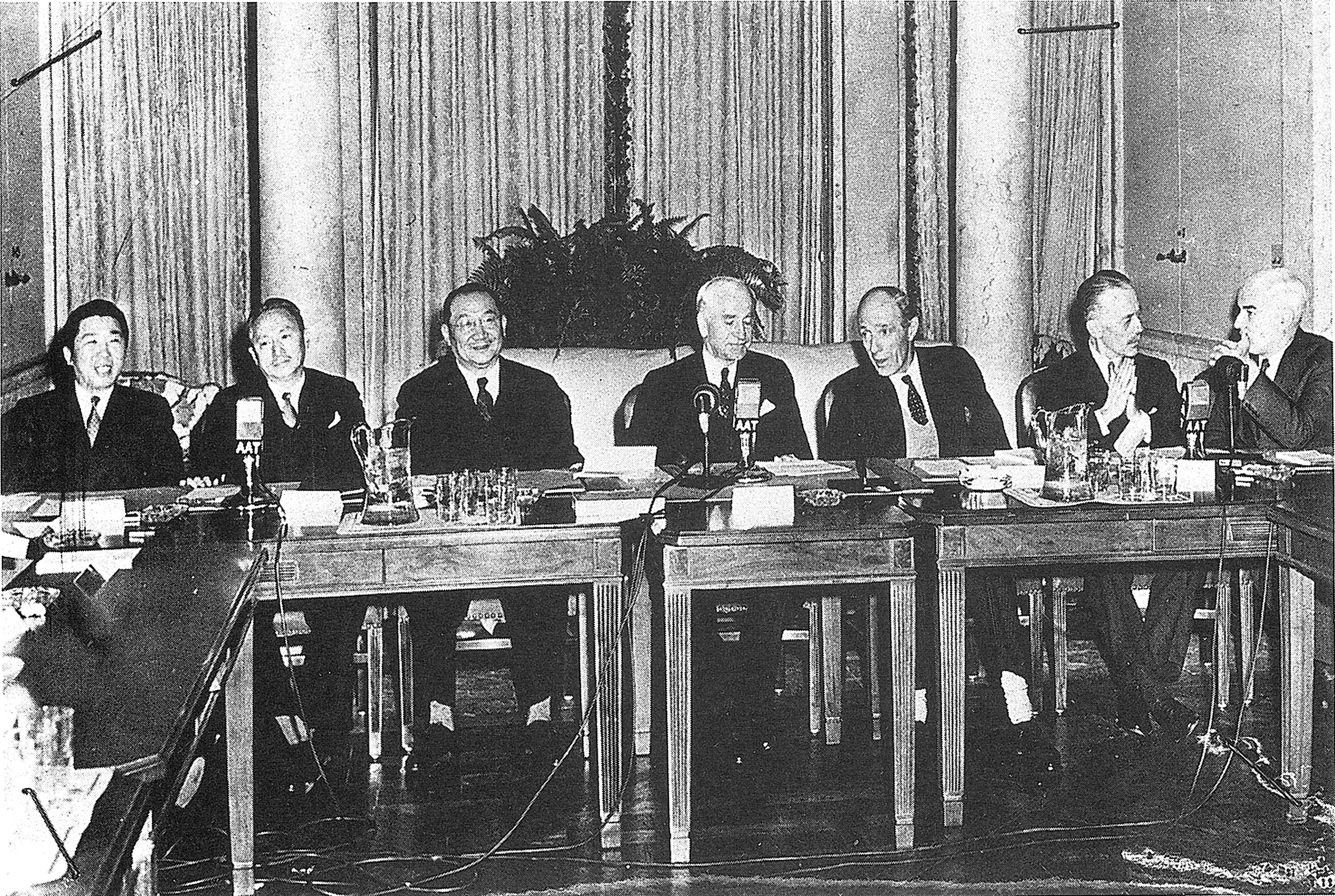 Leading members of the Chinese delegation at the opening of the second phase of the Dumbarton Oaks Conversations, 29 September 1944, together with the American and British delegations