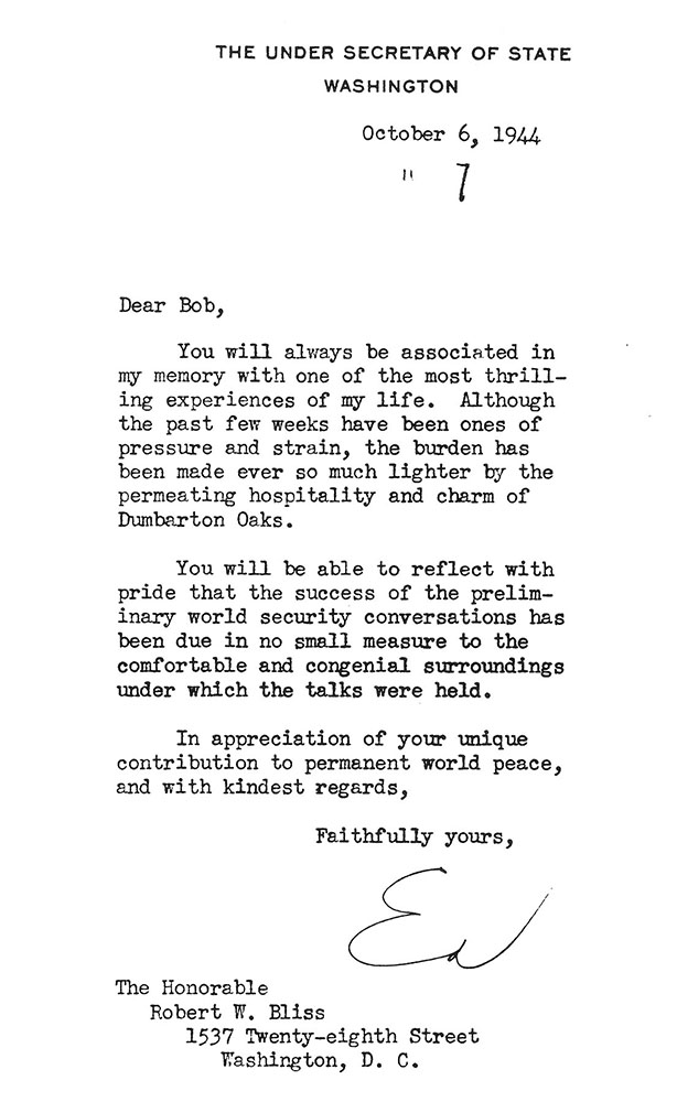 Letter of appreciation from Edward R. Stettinius, Jr., to Robert Woods Bliss, 6 October 1944