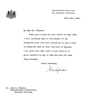 Letter from the Earl of Halifax to John S. Thacher, 15 June 1945