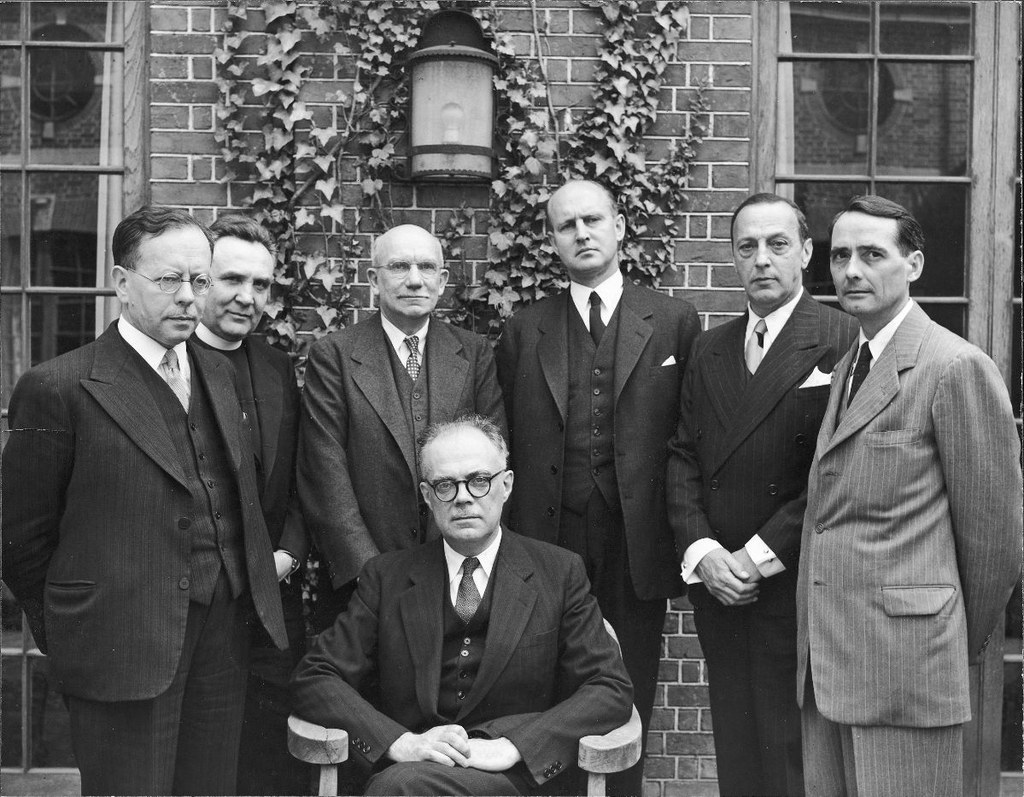 Speakers at the 1950 “The Emperor and the Palace” Byzantine symposium, from left to right: A. Alfoldi, F. Dvornik, A. M. Friend, H. P. L'Orange, E. Kantorowicz, P. Underwood, and A. Grabar (seated).