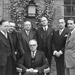 Speakers at the 1950 “The Emperor and the Palace” Byzantine symposium, from left to right: A. Alfoldi, F. Dvornik, A. M. Friend, H. P. L'Orange, E. Kantorowicz, P. Underwood, and A. Grabar (seated).