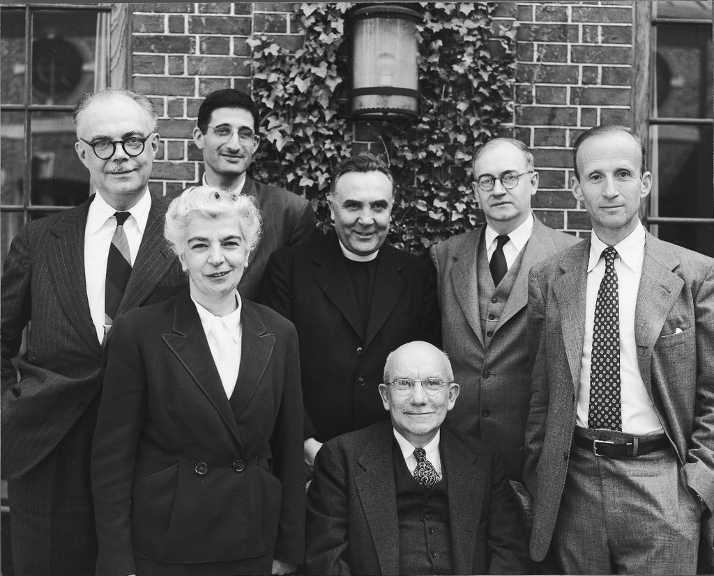 Speakers at the 1951 “Iconoclasm” Byzantine symposium, left to right: André Grabar, Sirarpie Der Nersessian, Paul Alexander, Francis Dvornik, Albert M. Friend Jr. (seated), Milton Anastos, and Gerhart Ladner. 