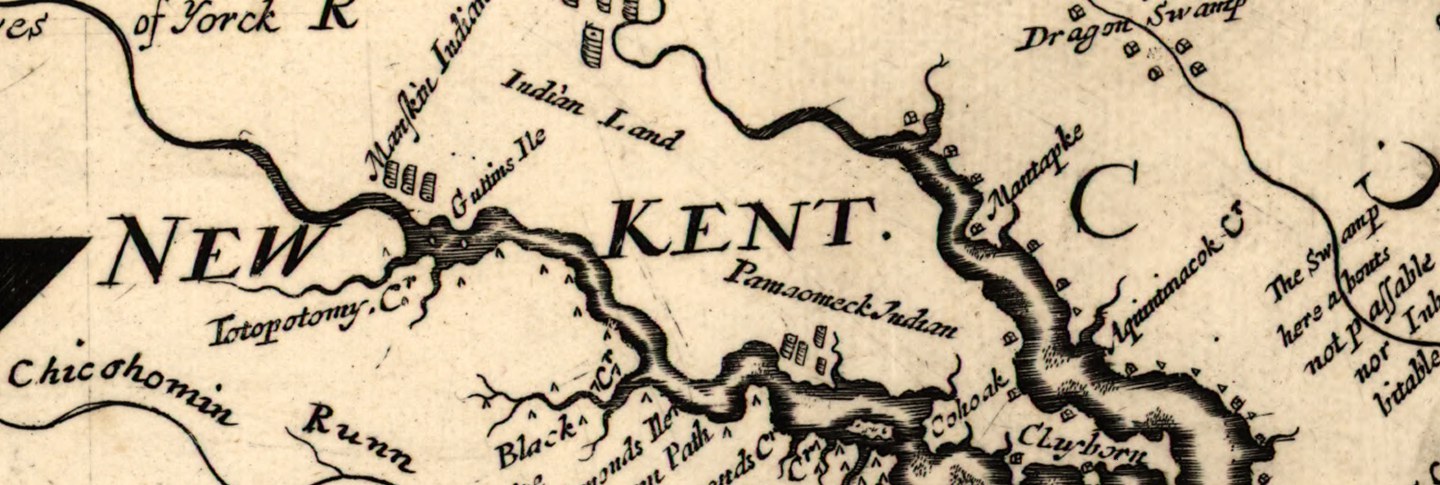 close up detail of a tan and black historic map with a large label 'New Kent C', showing two merging rivers and several 'Indian' sites labeled