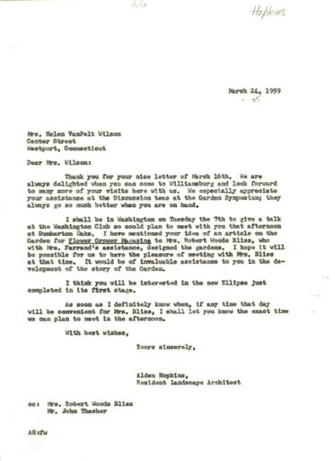 Alden Hopkins to Helen Van Pelt Wilson, March 24, 1959