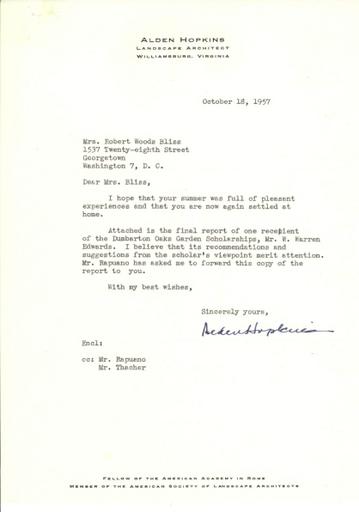 Alden Hopkins to Mildred Bliss, October 18, 1957