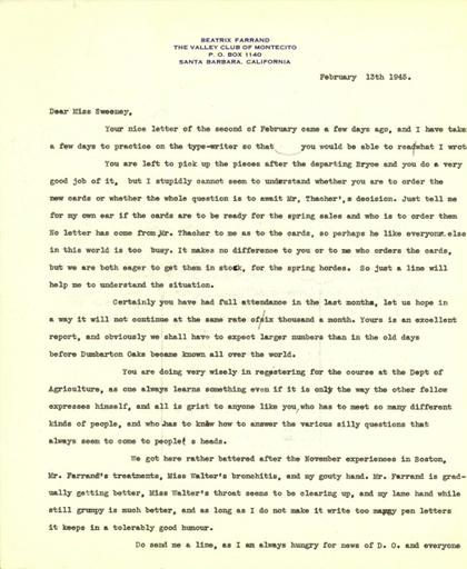 Beatrix Farrand to Anne Sweeney, February 13, 1945