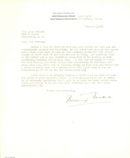 Beatrix Farrand to Anne Sweeney, October 6, 1941