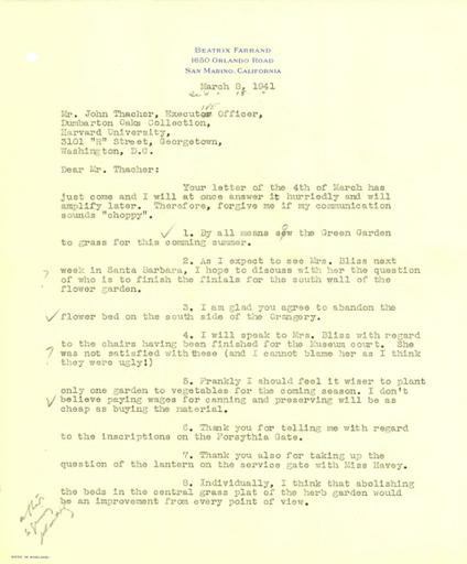 Beatrix Farrand to John Thacher, March 8, 1941