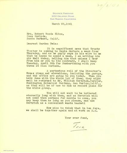 Beatrix Farrand to Mildred Bliss, March 28, 1941