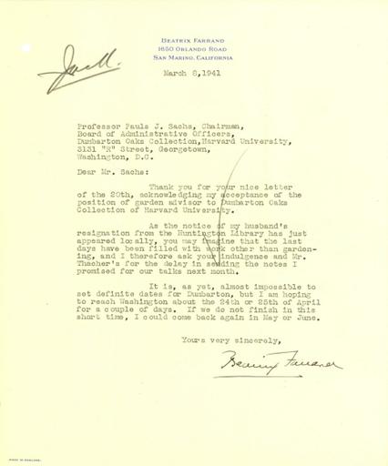 Beatrix Farrand to Paul J. Sachs, March 8, 1941