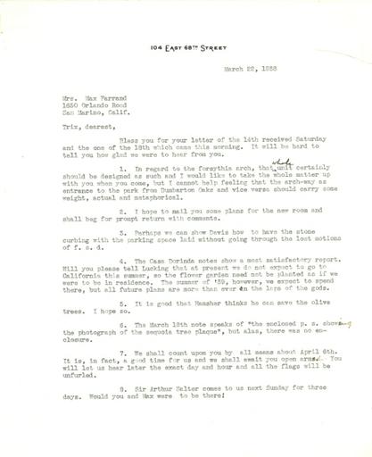 Mildred Bliss to Beatrix Farrand, March 22, 1938