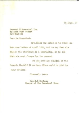 Letters exchanged between Bernard M. Rosenthal and Mrs. C.I. Denison, April 19-23, 1954