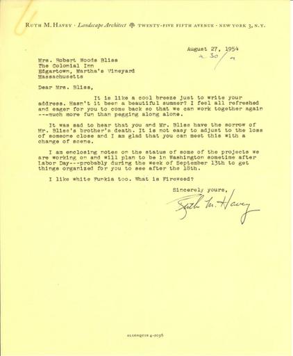 Ruth Havey to Mildred Bliss, August 27, 1954