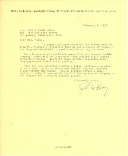 Ruth Havey to Mildred Bliss, February 4, 1954