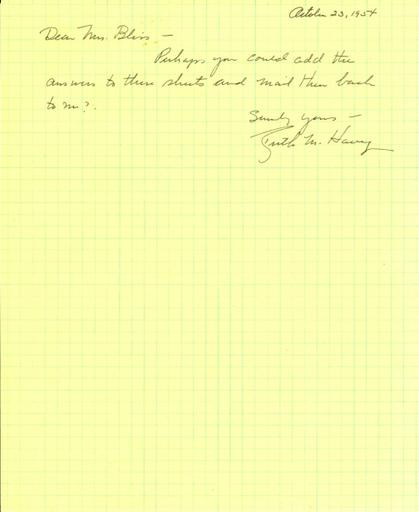 Ruth Havey to Mildred Bliss, October 23, 1954