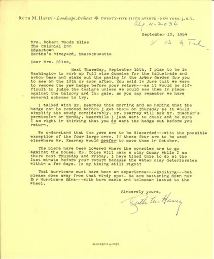Ruth Havey to Mildred Bliss, September 10, 1954
