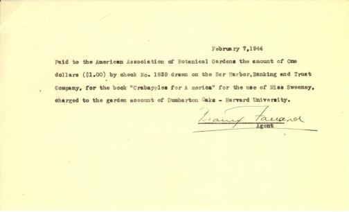 Account of payment to American Association of Botanical Gardens by Beatrix Farrand, February 7, 1944