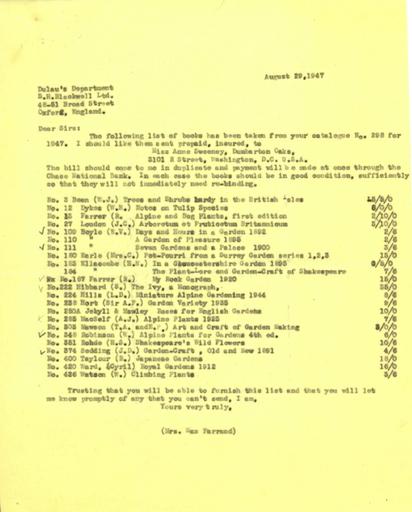 Book order from Beatrix Farrand to Dulau's Department, B.H. Blackwell, Ltd., August 29, 1947