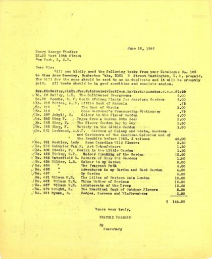 Book order from Beatrix Farrand to Henry George Fiedler, June 16, 1948