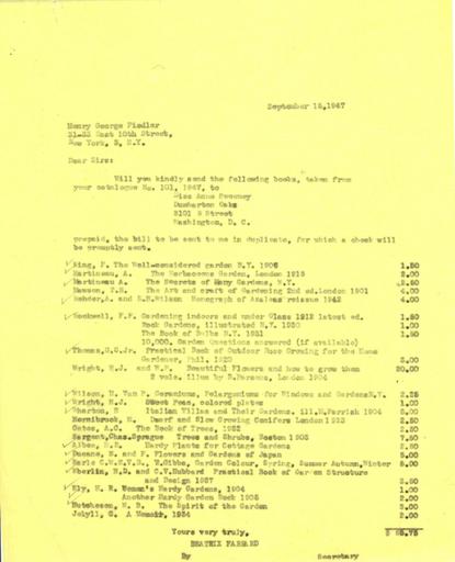 Book order from Beatrix Farrand to Henry George Fiedler, September 15, 1947