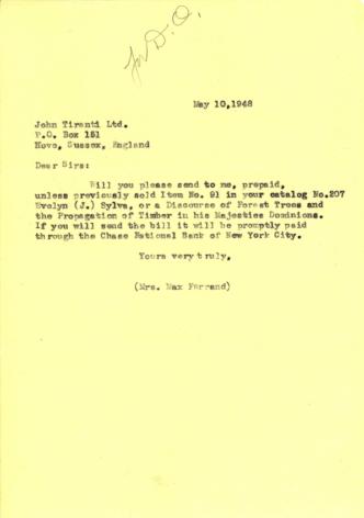 Book order from Beatrix Farrand to John Tiranti, Ltd., May 10, 1948