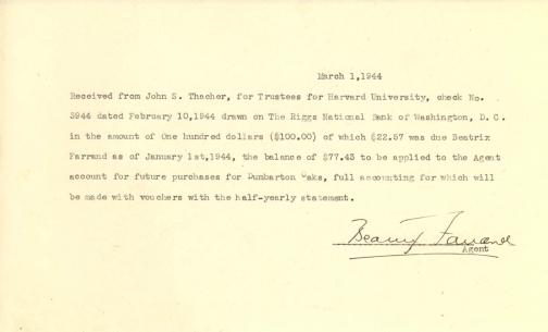 Account of payment from John Thacher to Beatrix Farrand, March 1, 1944