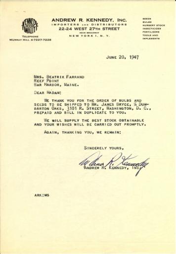 Copy of orders from Andrew R. Kennedy, Inc. to Beatrix Farrand, June 20, 1947
