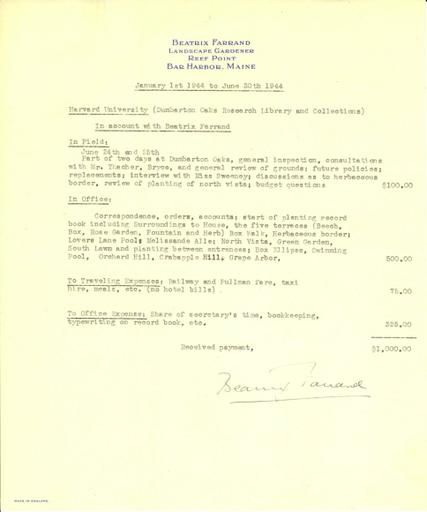 Expense report from Beatrix Farrand to Dumbarton Oaks, January 1, 1944 to June 30, 1944
