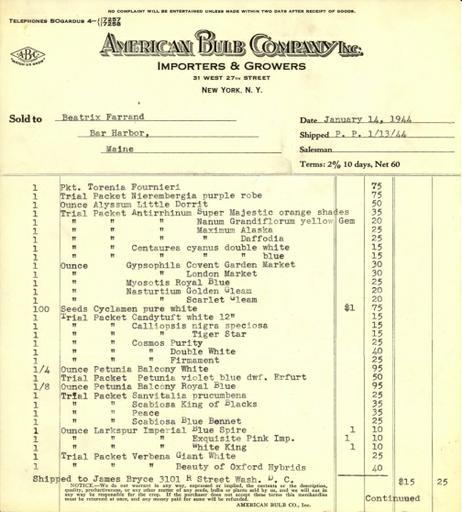Itemized receipt from American Bulb Company to Beatrix Farrand, January 14, 1944