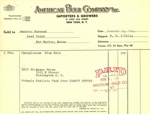 Itemized receipt from American Bulb Company to Beatrix Farrand, January 24, 1944