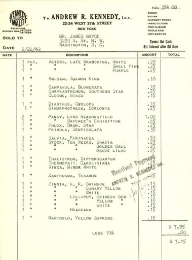 Itemized receipt from Andrew R. Kennedy, Inc. for Beatrix Farrand, February 26, 1942