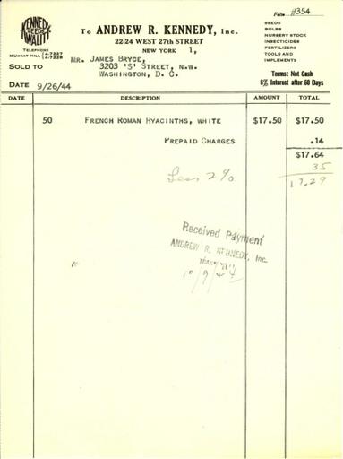Itemized receipt from Andrew R. Kennedy, Inc. for Beatrix Farrand, September 26, 1944