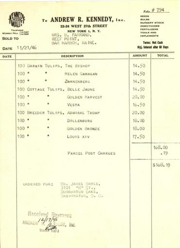 Itemized receipt from Andrew R. Kennedy, Inc. to Beatrix Farrand, November 21, 1946