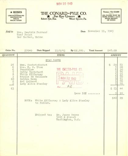 Itemized receipt from Conard-Pyle Co. to Beatrix Farrand, November 11, 1943