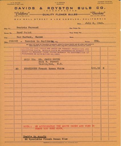 Itemized invoice from Davids & Royston Bulb Co. to Beatrix Farrand, July 6, 1943 (1)