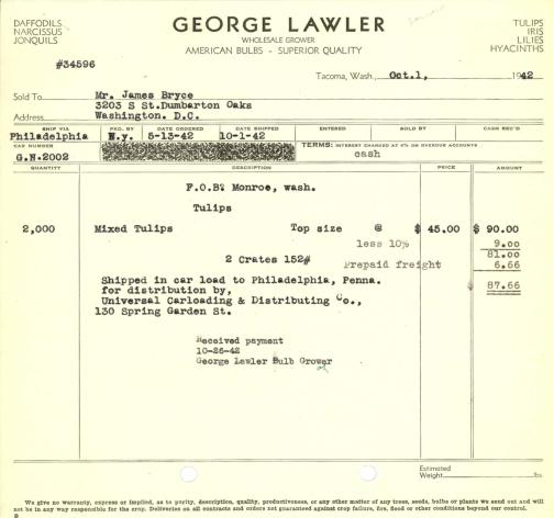Itemized receipt from George Lawler (Firm) for Beatrix Farrand, October 1, 1942