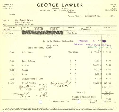 Itemized receipt from George Lawler (Firm) for Beatrix Farrand, September 20, 1944