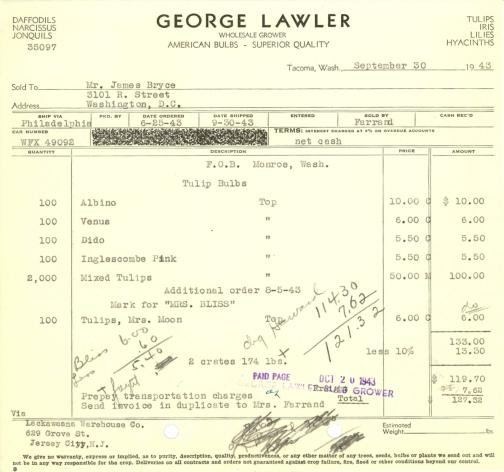 Itemized receipt from George Lawler (Firm) for Beatrix Farrand, September 30, 1943