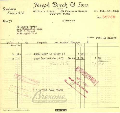 Itemized receipt from Joseph Breck & Sons for Beatrix Farrand, February 16, 1943