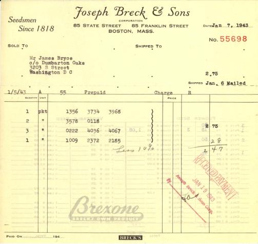Itemized receipt from Joseph Breck & Sons for Beatrix Farrand, January 7, 1943