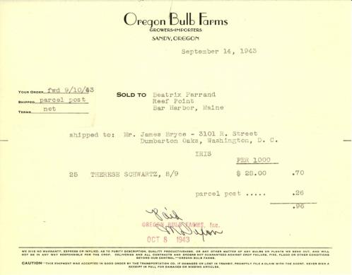 Itemized receipt from Oregon Bulb Farms to Beatrix Farrand, September 14, 1943