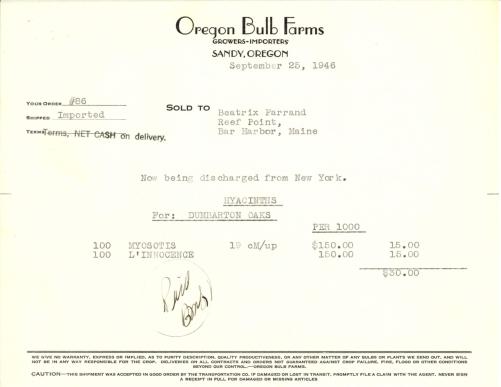 Itemized receipt from Oregon Bulb Farms to Beatrix Farrand, September 25, 1946