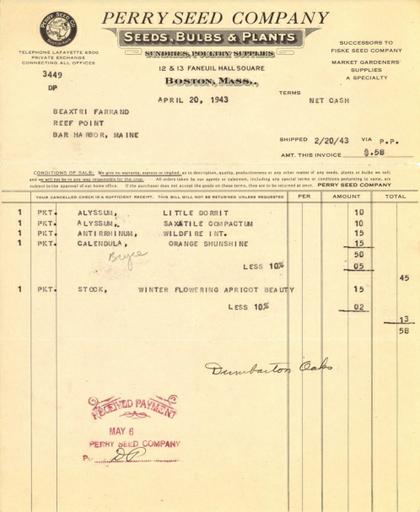 Itemized receipt from Perry Seed Company to Beatrix Farrand, April 20, 1943
