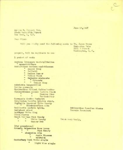 Order from Beatrix Farrand to Andrew R. Kennedy, Inc., June 18, 1947 (1)