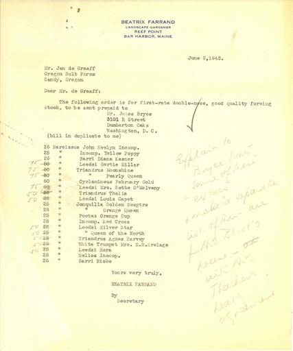 Order from Beatrix Farrand to Jan de Graaff, Oregon Bulb Farms, June 2, 1943