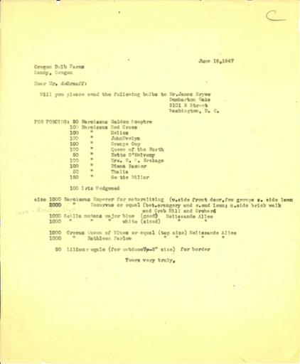 Order from Beatrix Farrand to Oregon Bulb Farms, June 18, 1947