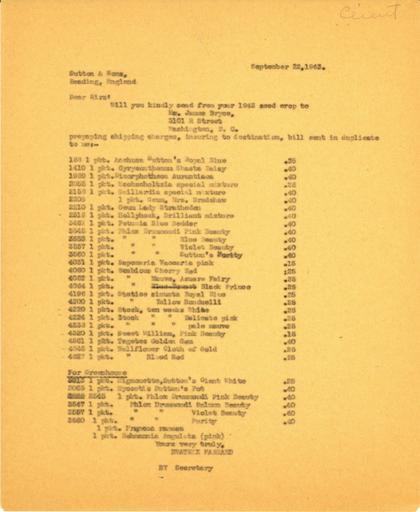 Order from Beatrix Farrand to Sutton & Sons, September 22, 1943