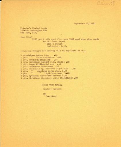 Order from Beatrix Farrand to Trivett's Tested Seeds, September 22, 1943